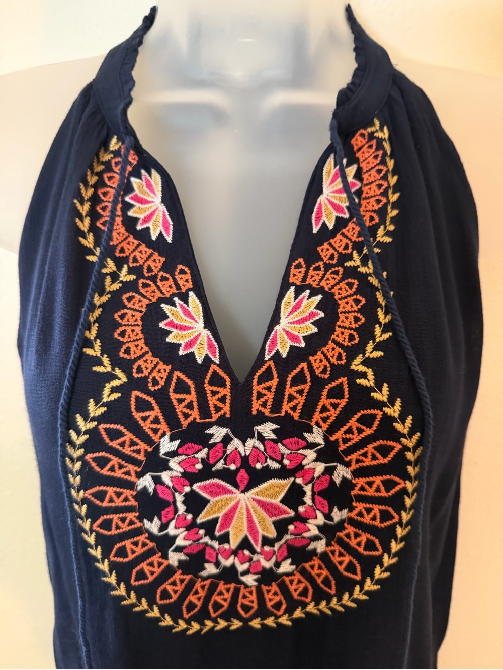 THML Navy Halter Dress with Pink Orange Yellow Embroidery